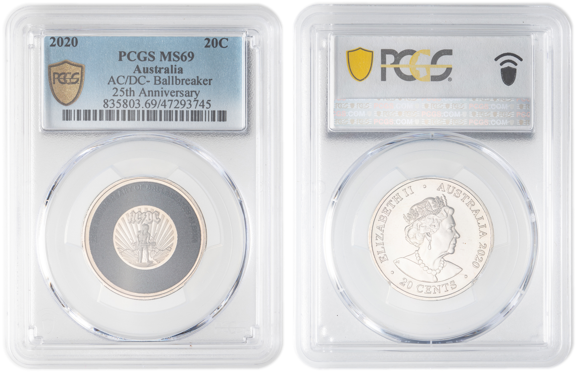 Elizabeth II, AC/DC- Ballbreaker 25th Anniversary, Twenty Cent, 2020, PCGS MS69