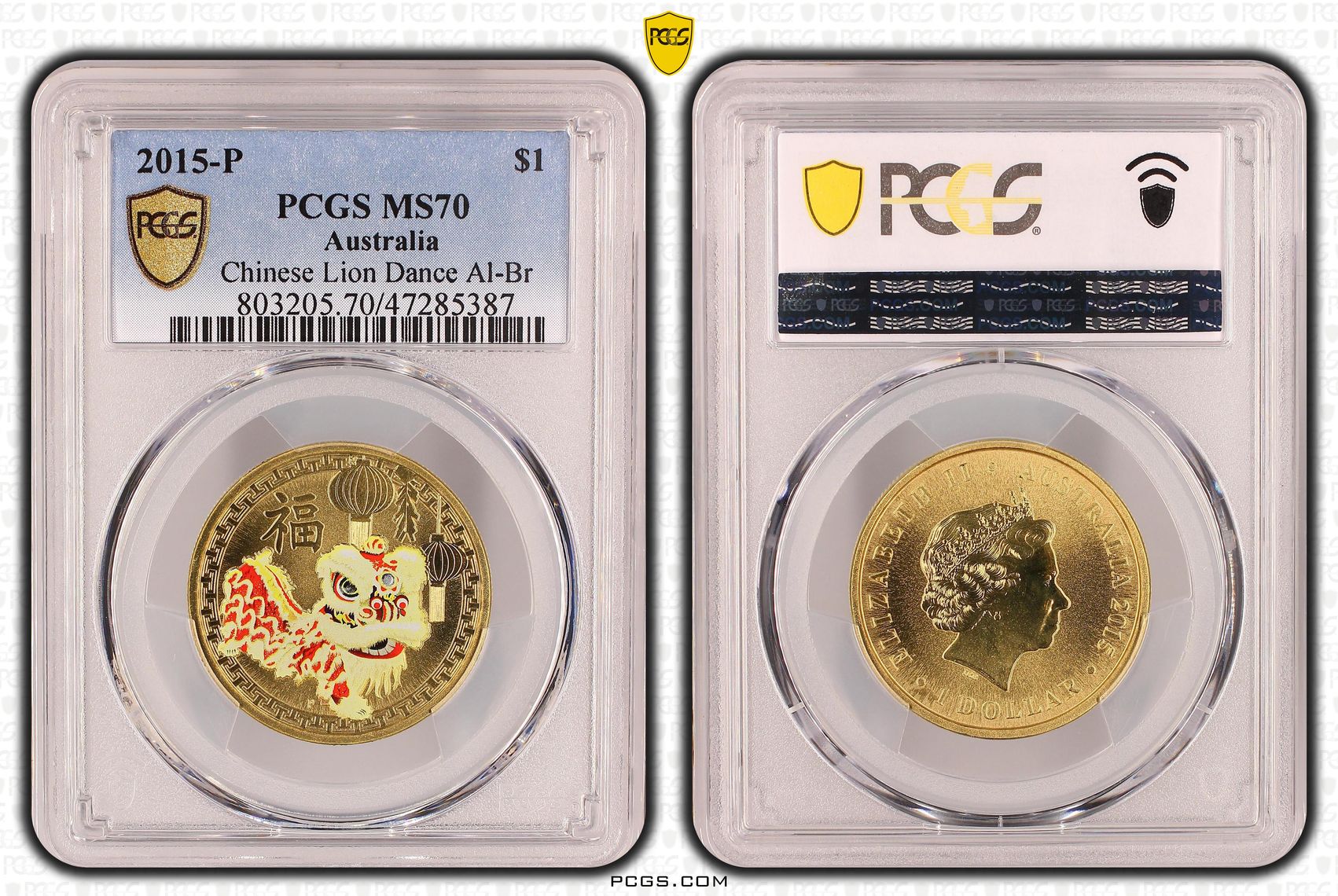 Elizabeth II, Chinese Lion Dance Al-Br, One Dollar, 2015-P, PCGS MS70