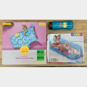 SUN SQUAD INFLATABLE COAST TO COAST MAP, TRAVEL BOTTLE & INTEX LOUNGER