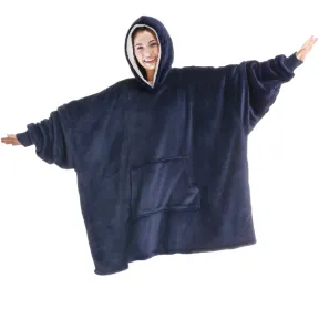 Fleece Wool Oversize Wearable Blanket Jacket With Hoodie Kangaroo Pocket Navy |