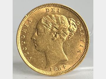1884 VICTORIA YOUNG HEAD SHIELD GOLD HALF SOVEREIGN