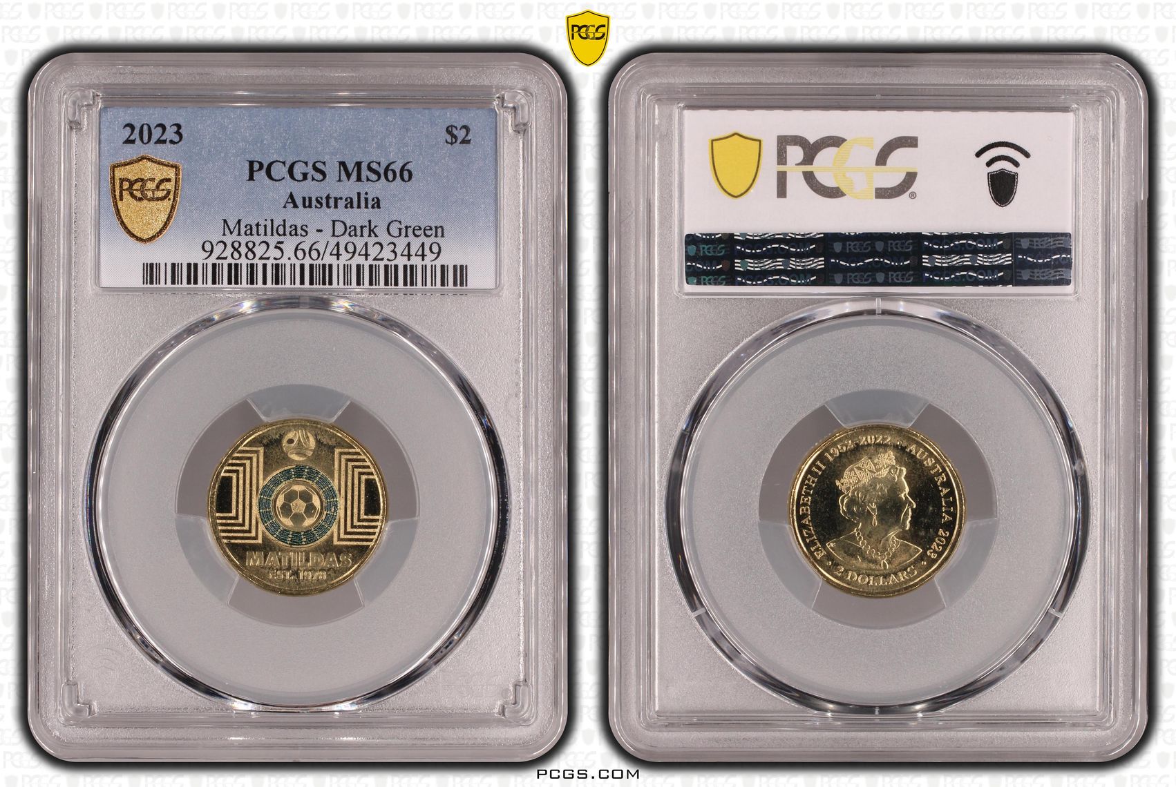 Matildas - Dark Green Colourised, Two Dollar, 2023, PCGS MS66