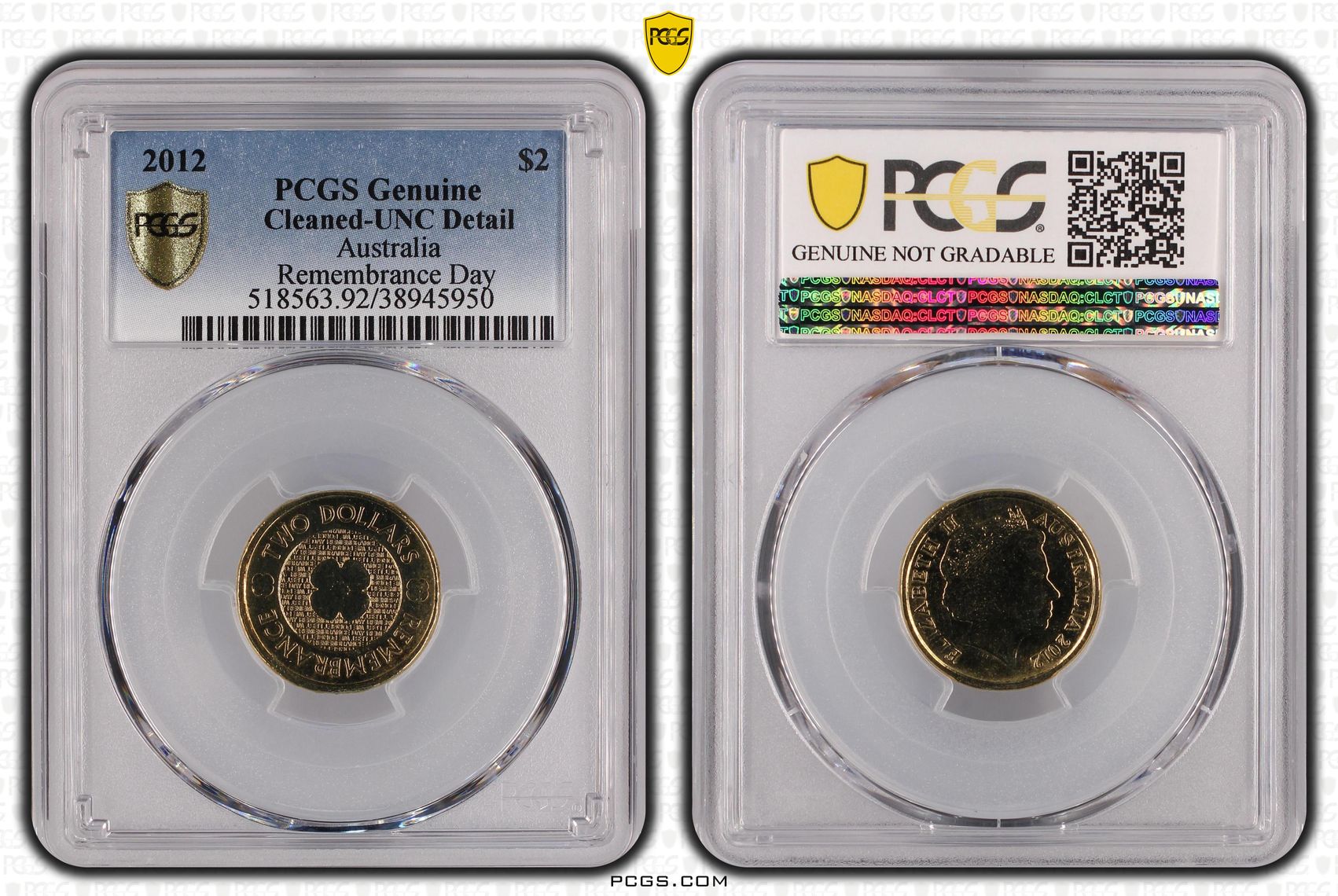 2012 Australia Two Dollar, $2 Remembrance Day PCGS - Genuine - UNC Details (92 - Cleaned) -950