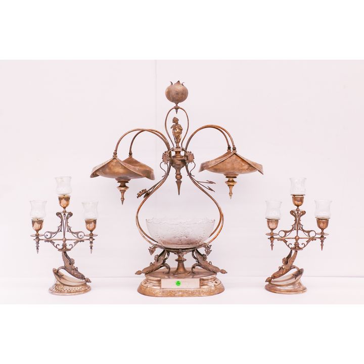 3pc Ornate Victorian Silverplated Centerpiece & Candelabra Set