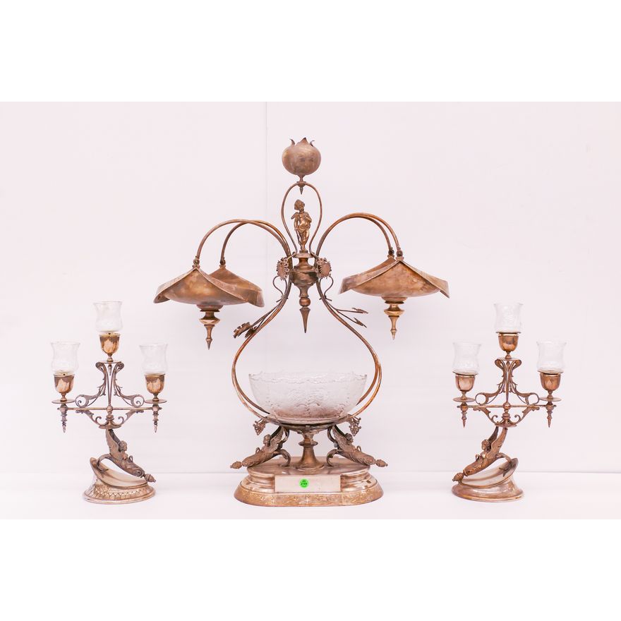 3pc Ornate Victorian Silverplated Centerpiece & Candelabra Set
