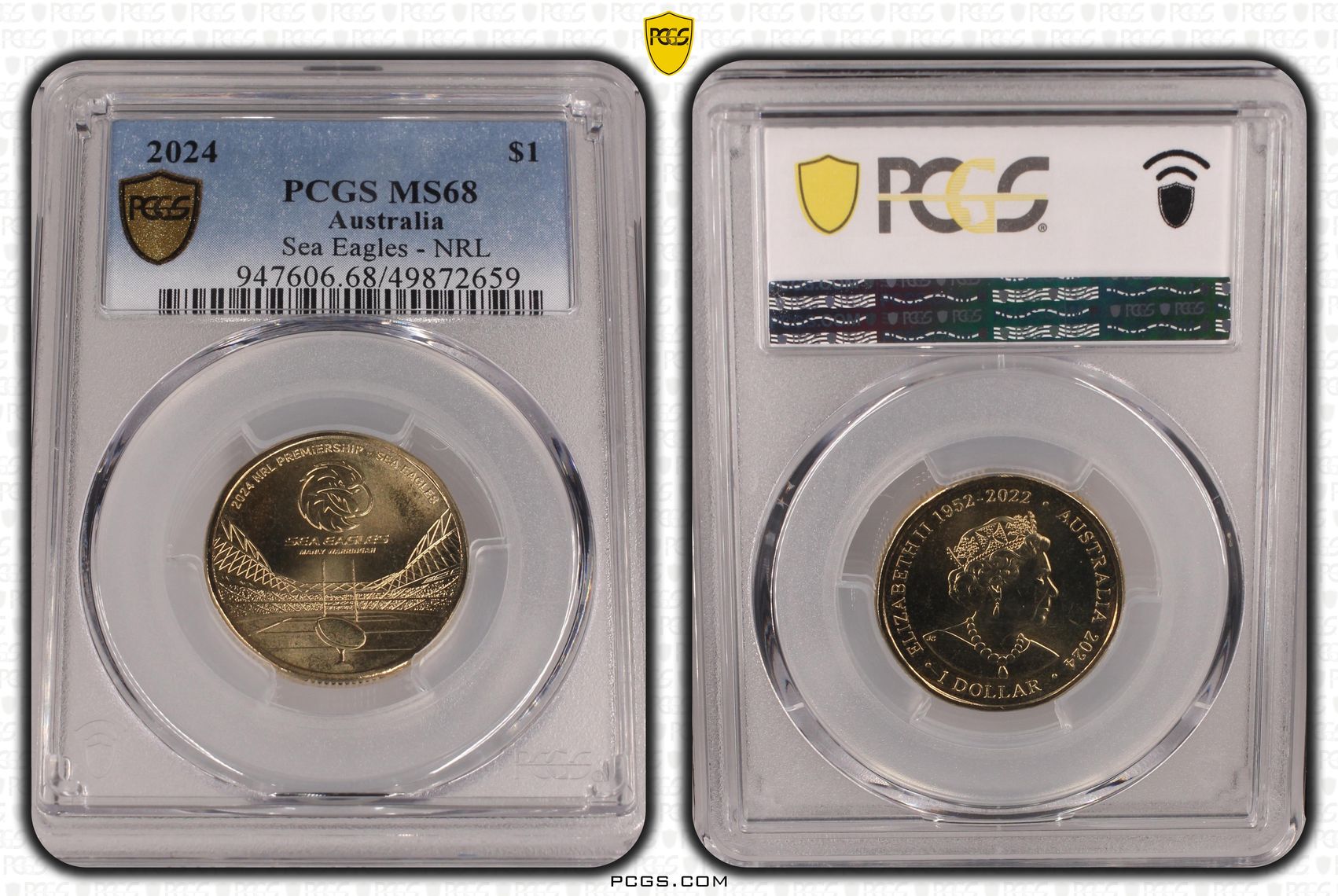 374 · Elizabeth II, Sea Eagles - NRL  POP 3/0, One Dollar, 2024, PCGS MS68