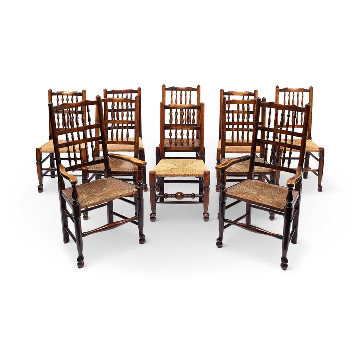 A matched set of ten oak and ash spindleback chairs, Lancashire