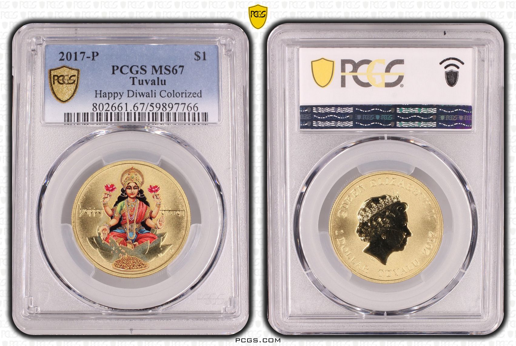 279 · Tuvalu, Happy Diwali Colorized, One Dollar, 2017-P, PCGS MS67