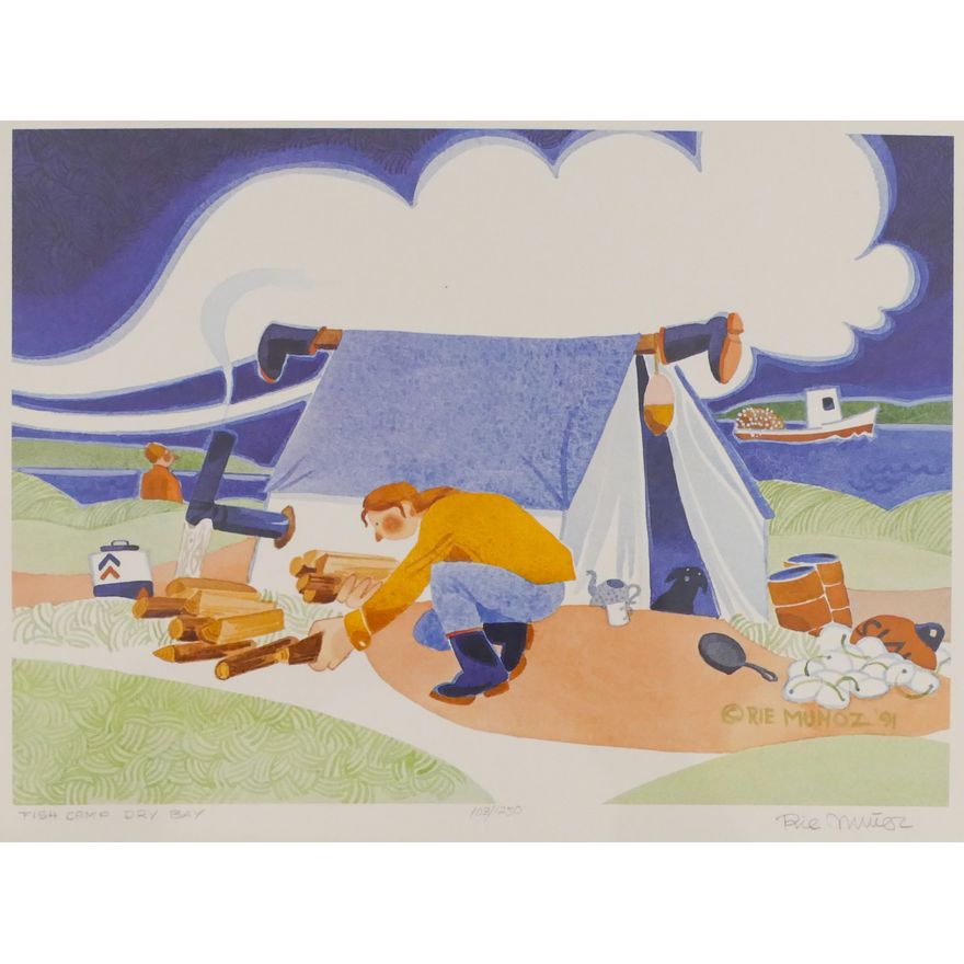 Rie Munoz ''Fish Camp. Dry Bay'' 1991 Signed Print 13''x16.5'' Sheet.