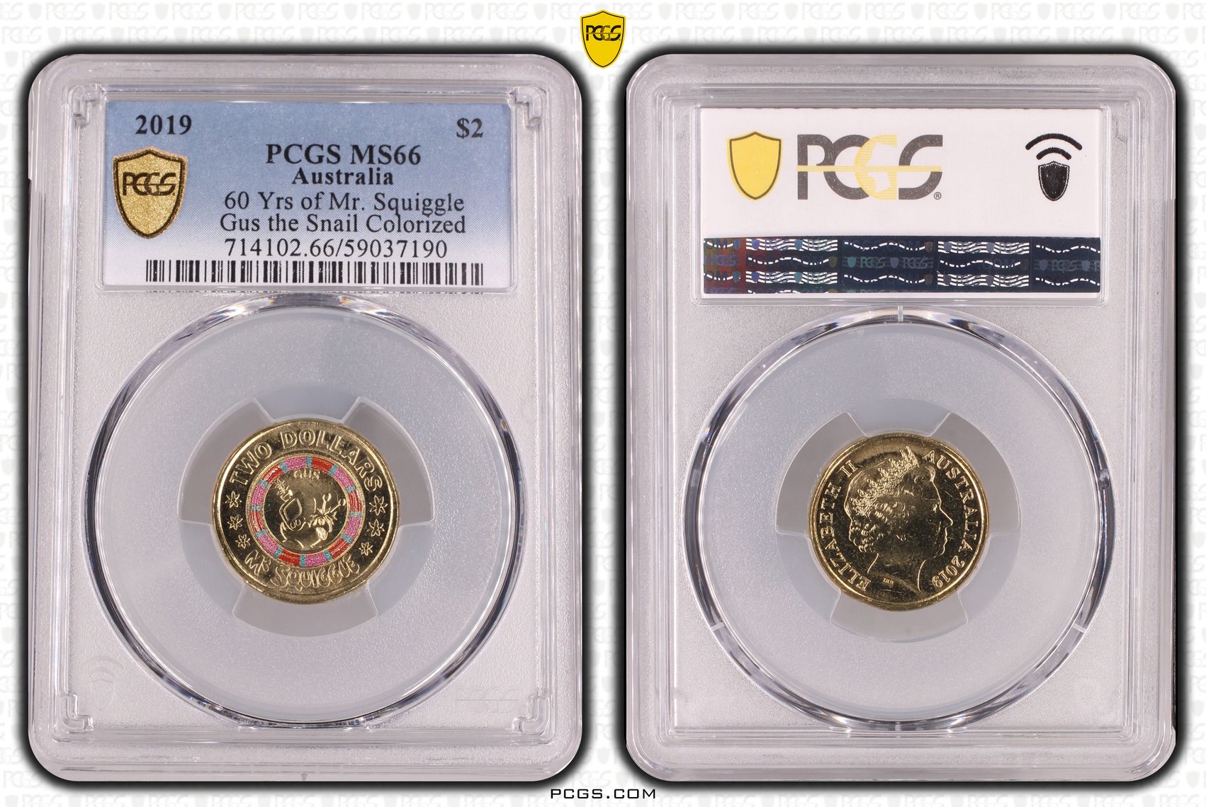 60 Yrs of Mr. Squiggle - Gus the Snail Colorized, Two Dollar, 2019, PCGS MS66