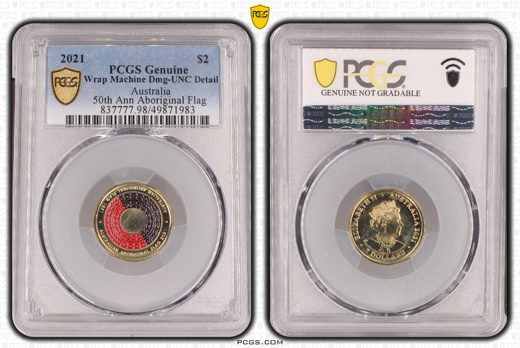 Elizabeth II, 50th Ann Aboriginal Flag Colorized, Two Dollar, 2021, PCGS Genuine - UNC Details (98 - Damage)