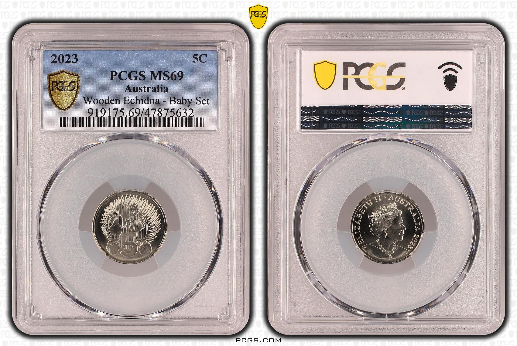 Wooden Echidna - Baby Set , Five Cent, 2023, PCGS MS69