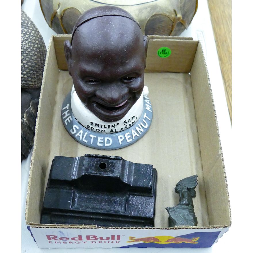 Box Cast Iron Peanut Man Bank etc.