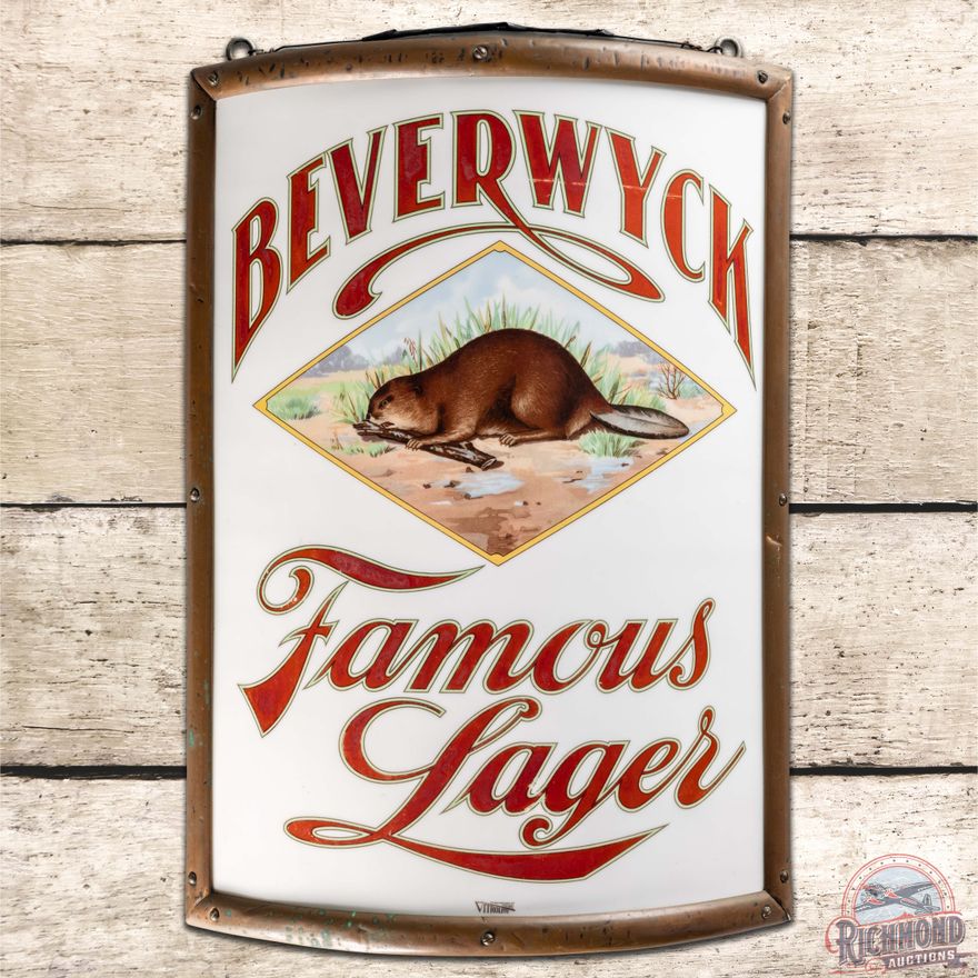 Beverwyck Famous Lager Beer Curved Vitrolite Glass Corner Sign w/ Beaver Albany NY