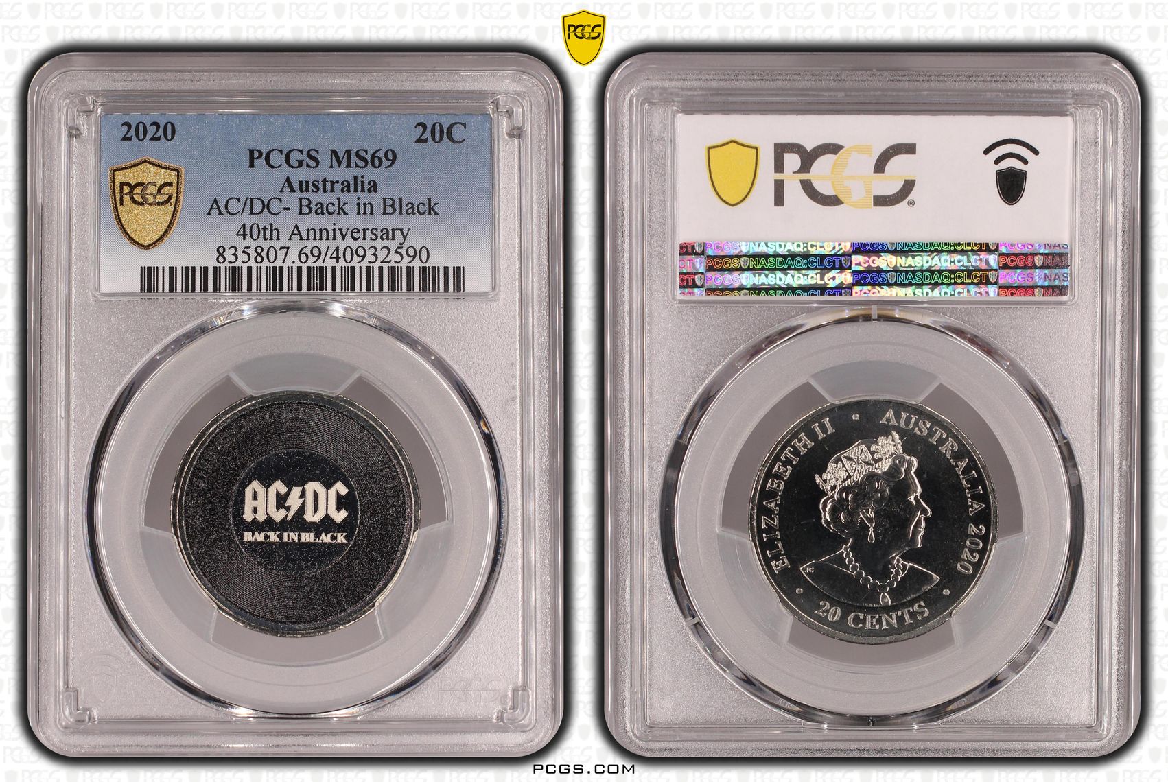 AC/DC- Back in Black 40th Anniversary Colorized, Twenty Cent, 2020, PCGS MS69