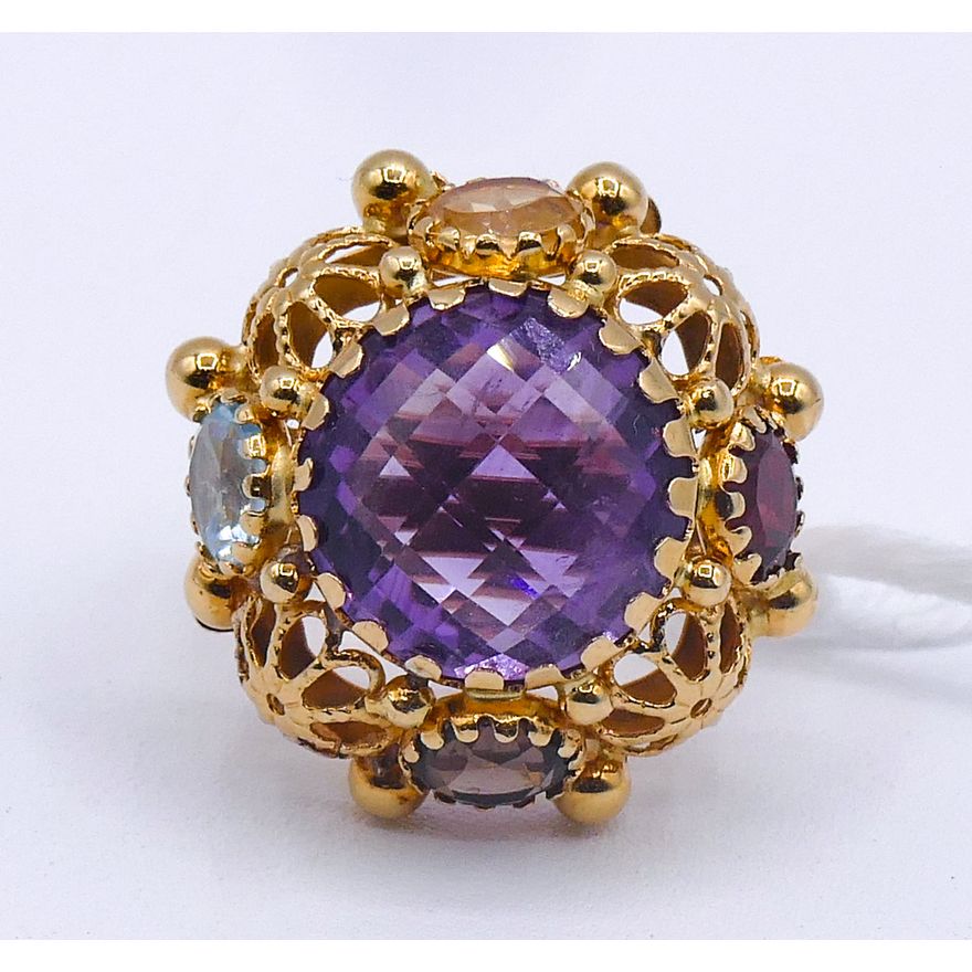 Ladies 18k Multi-Stone Pierced Setting Ring Size 5 - 9.2 Grams