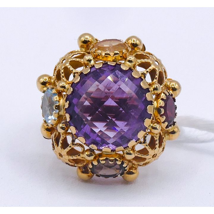 Ladies 18k Multi-Stone Pierced Setting Ring Size 5 - 9.2 Grams