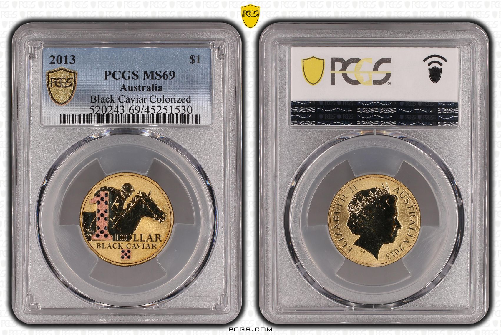 Elizabeth II, Black Caviar Colorized, One Dollar, 2013, PCGS MS 69