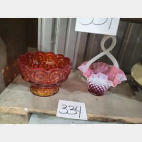 Rare Fenton Cranberry hobnail ruffled twisted handle basket and Cadmium bowl