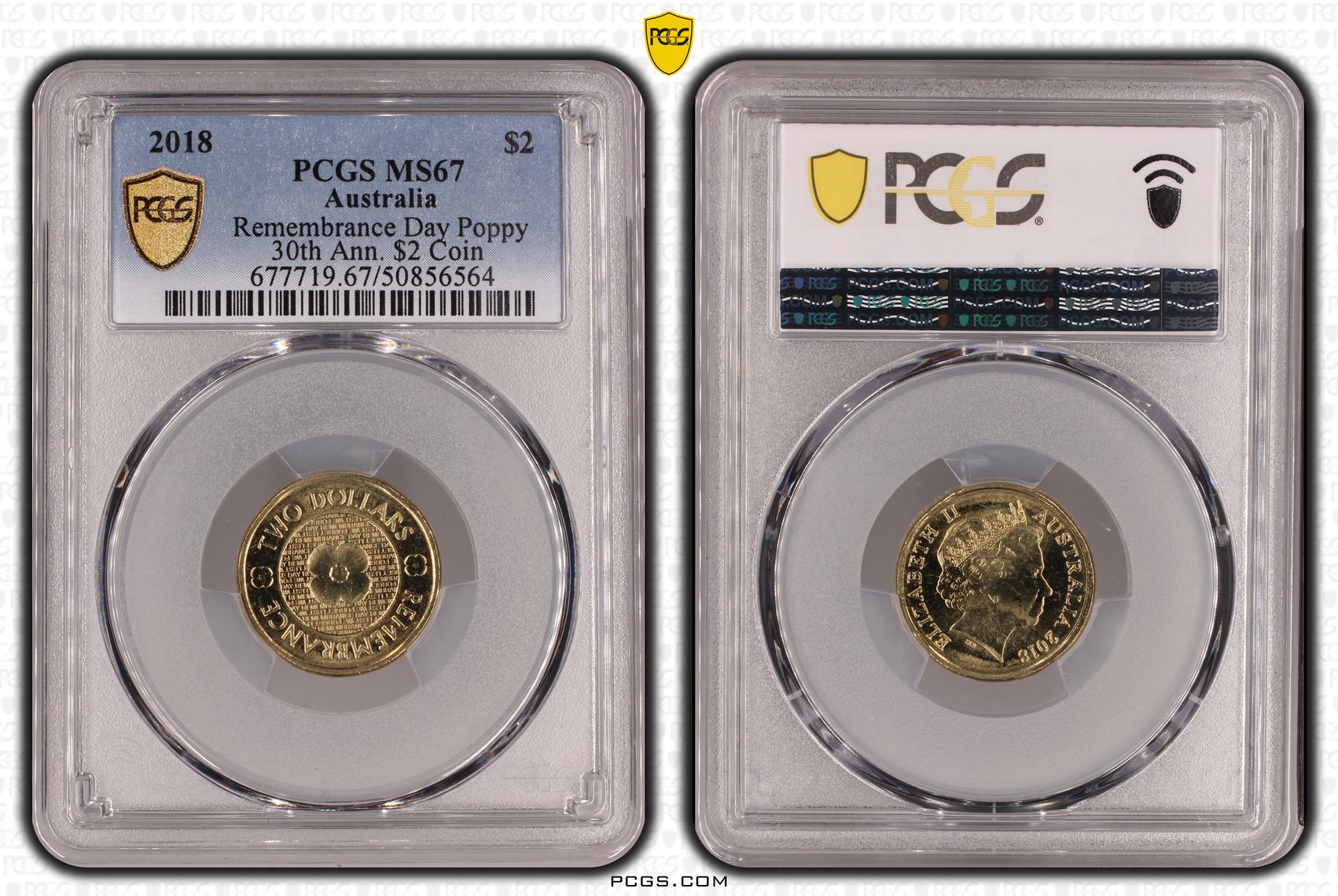 Remembrance Day Poppy 30th Ann. $2 Coin , Two Dollar, 2018, PCGS MS67
