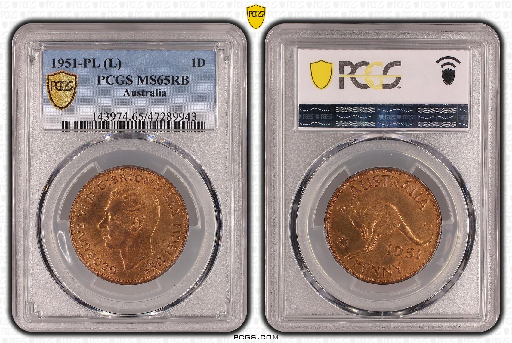 George VI, Penny, 1951-PL, PCGS MS65RB