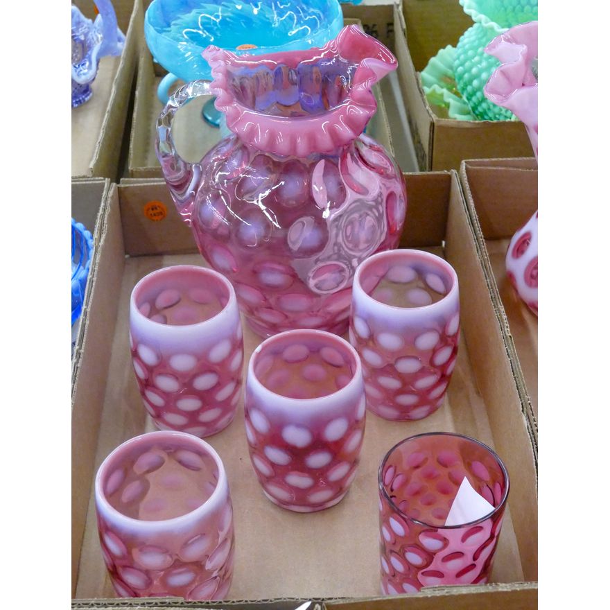 Box 6pc Fenton Pink Coin Dot Pitcher & Tumblers