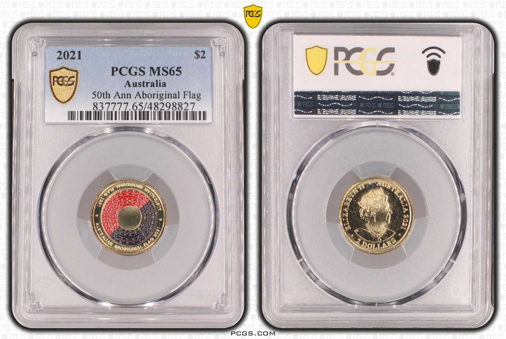 50th Ann Aboriginal Flag Colourised, Two Dollar, 2021, PCGS MS65