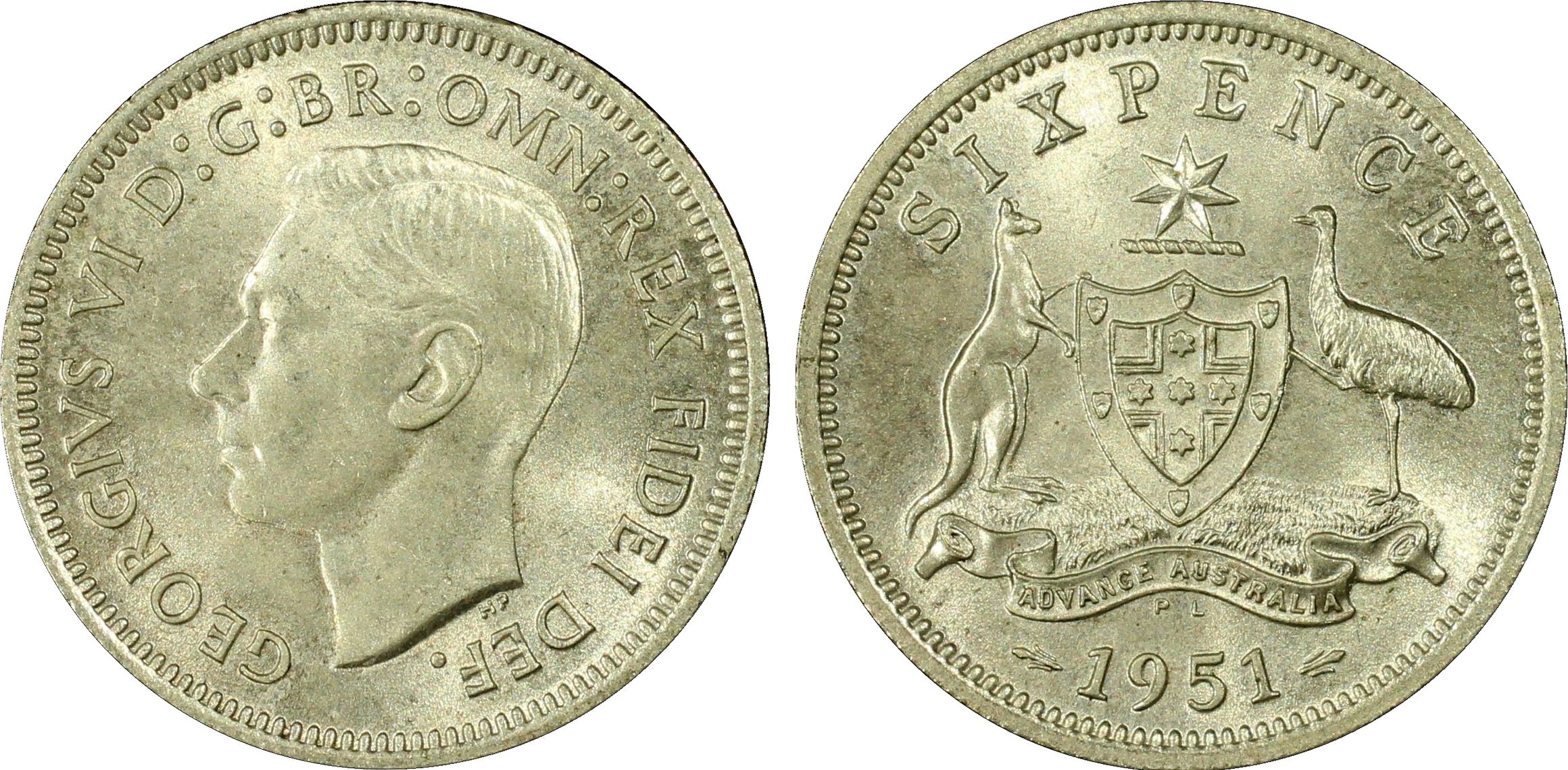 George VI, Sixpence, 1951-PL, PCGS MS65