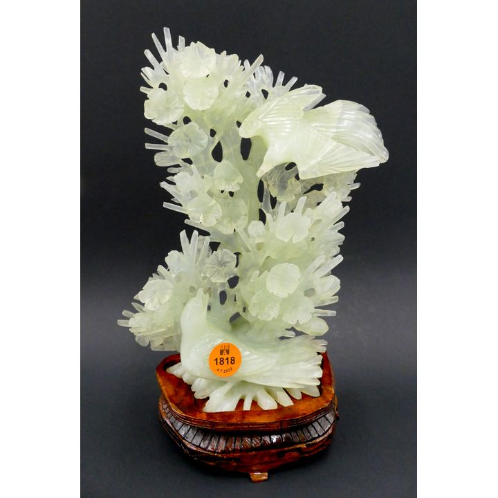 Chinese Serpentine Carved Bird Figure Group on Stand- 9''