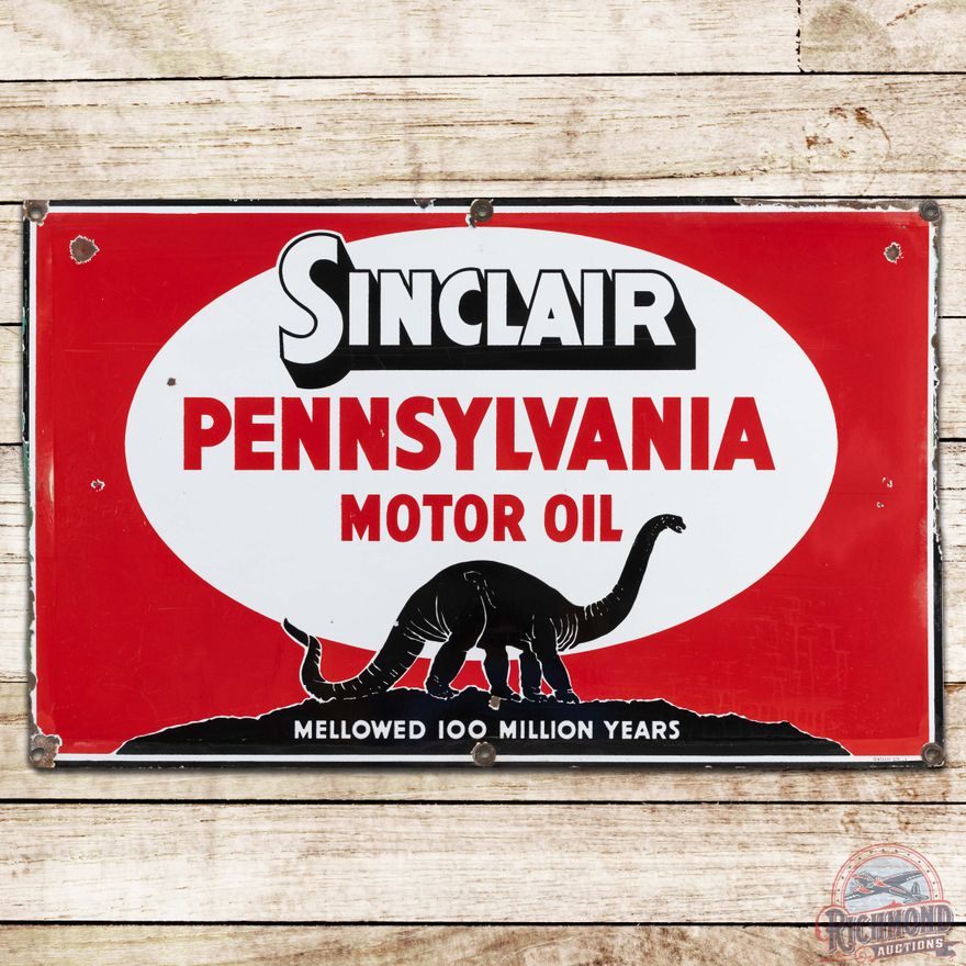 Rare Sinclair Pennsylvania Motor Oil 34" Mellowed 100 Million Years SSP Sign w/ Black Standing Dino