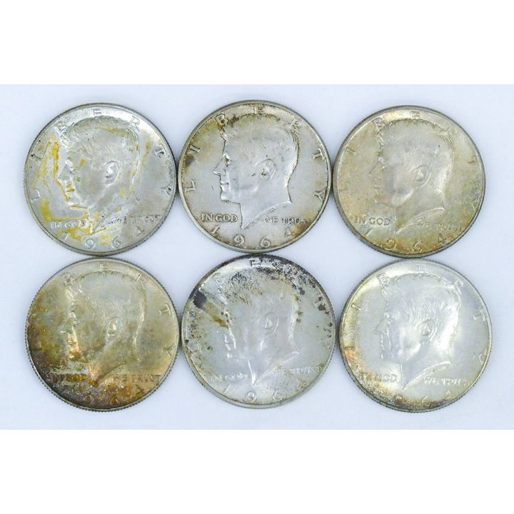 Box 6pc US 1964 Kennedy Silver Half Dollars
