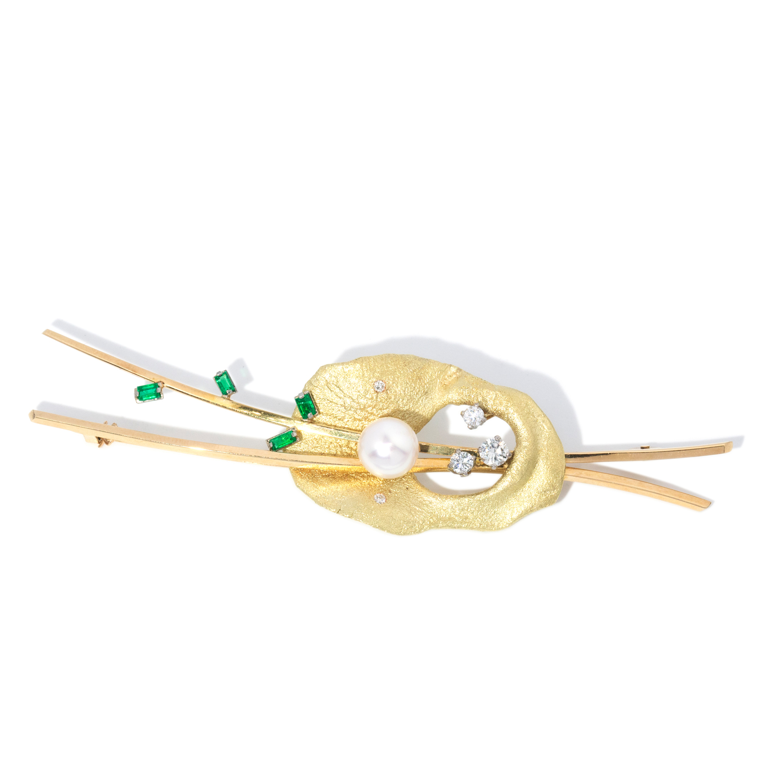 198 · Vintage Emerald, Pearl & Diamond 18ct Gold Brooch