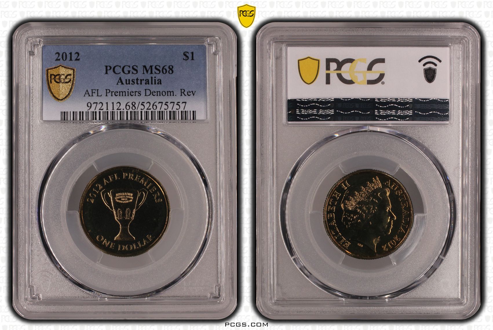 AFL Premiers Denom. Rev, One Dollar, 2012, PCGS MS68