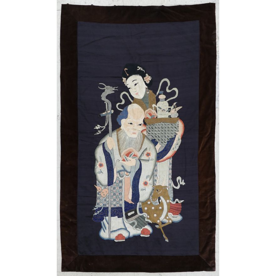 Old Chinese Shou Lao & Guanyin Silk Embroidered Panel 61''x35''