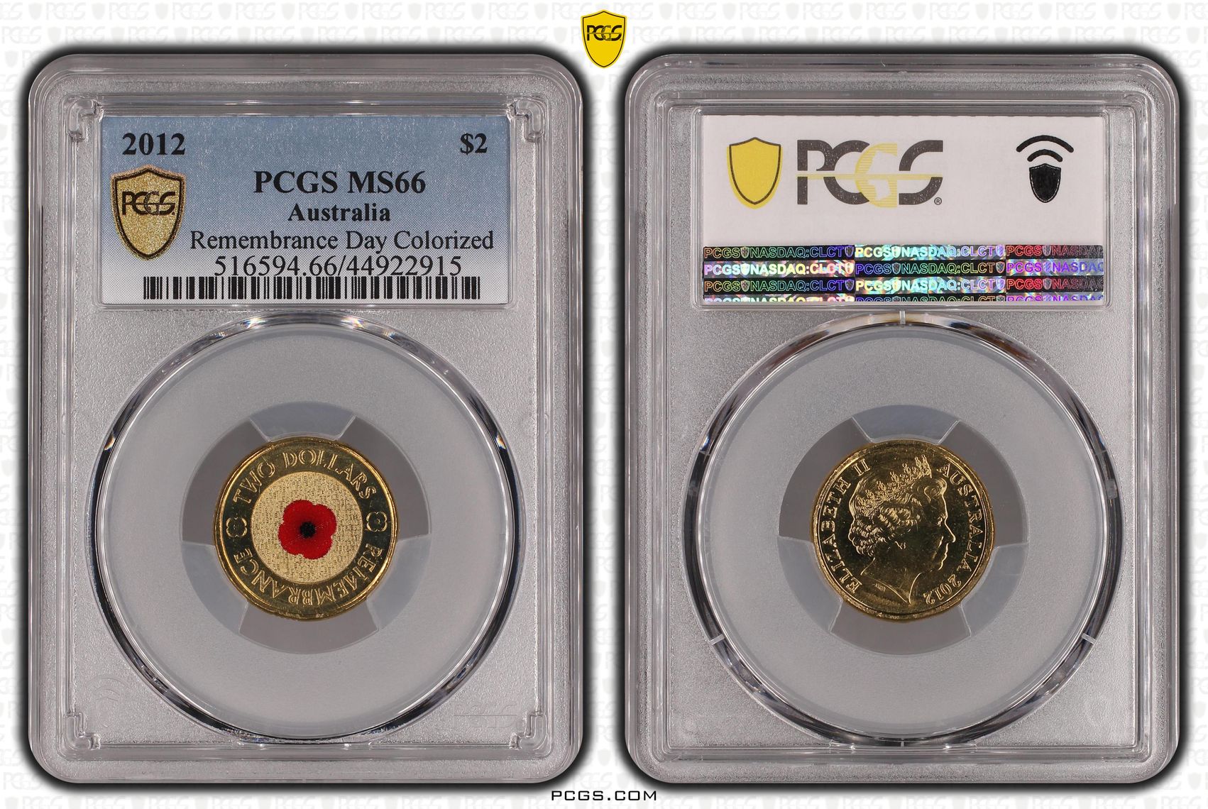 250 · 2012 Australia Two Dollar, $2 Remembrance Day Colored PCGS - MS66 -915