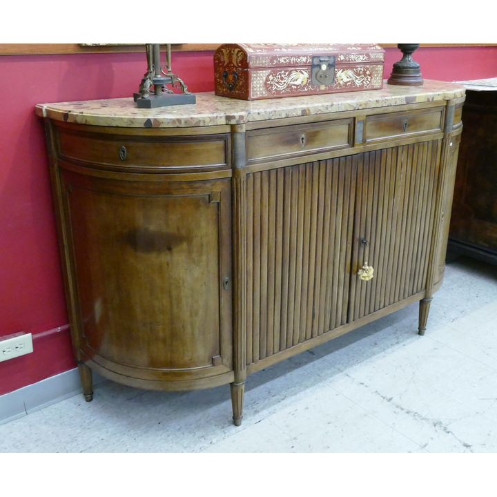 Antique French Marble Top Walnut Curved Front Buffet- 42x70x20''