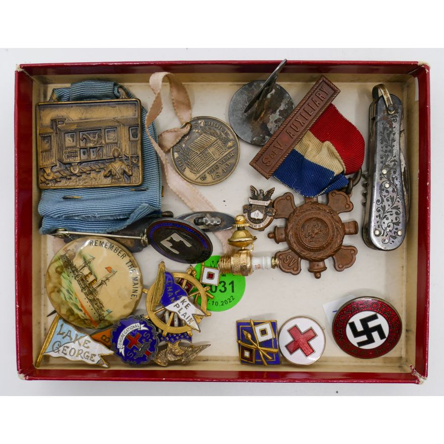 Box Antique Enameled Pins and Medals
