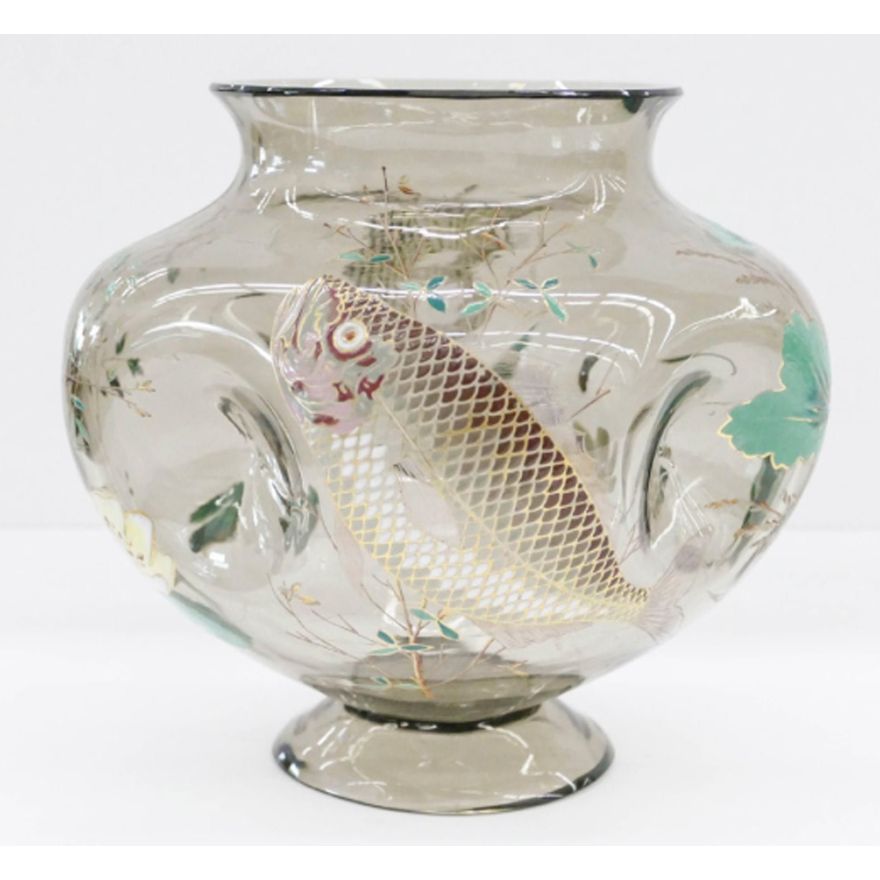 Moser Enameled Smoke Glass Fish Vase- 7x8''