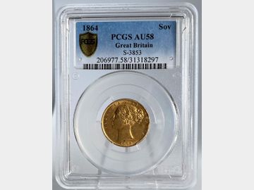 1864 VICTORIA YOUNG HEAD SHIELD #DIE 61 GOLD SOVEREIGN AU58 PCGS