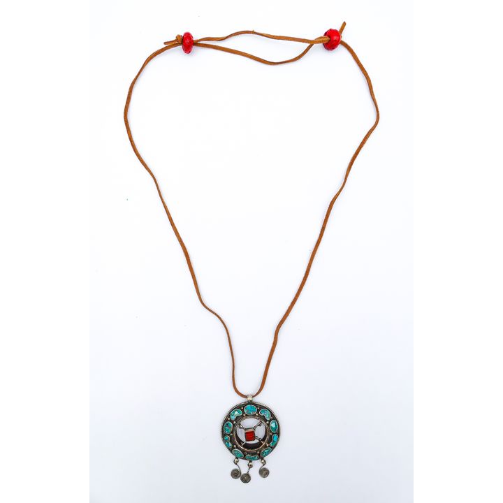 Old Tibetan Coral & Turquoise Silver Pendant Necklace 3.5''