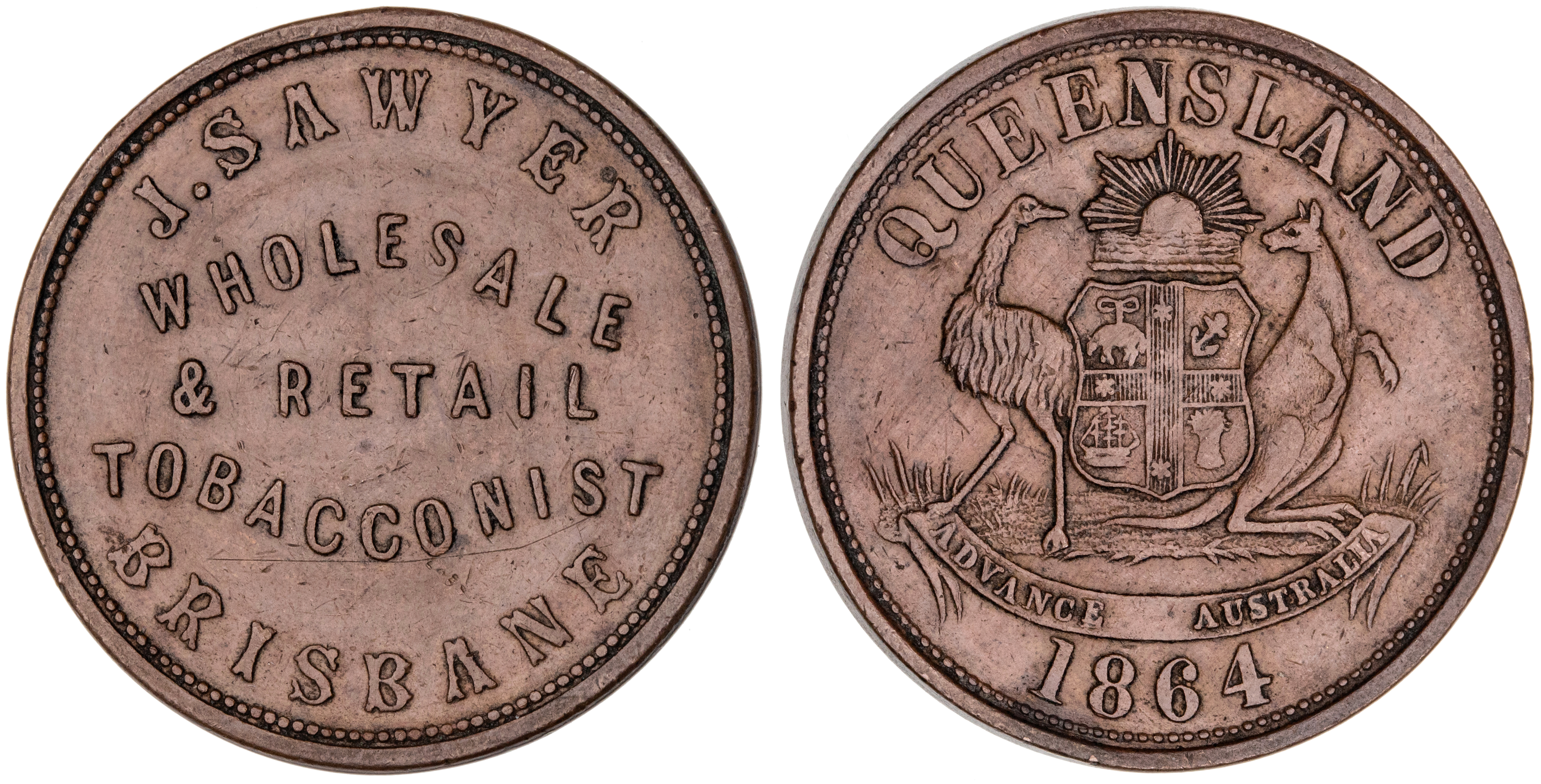 Brisbane, Queensland, J. Sawyer, Penny, 1864, gVF