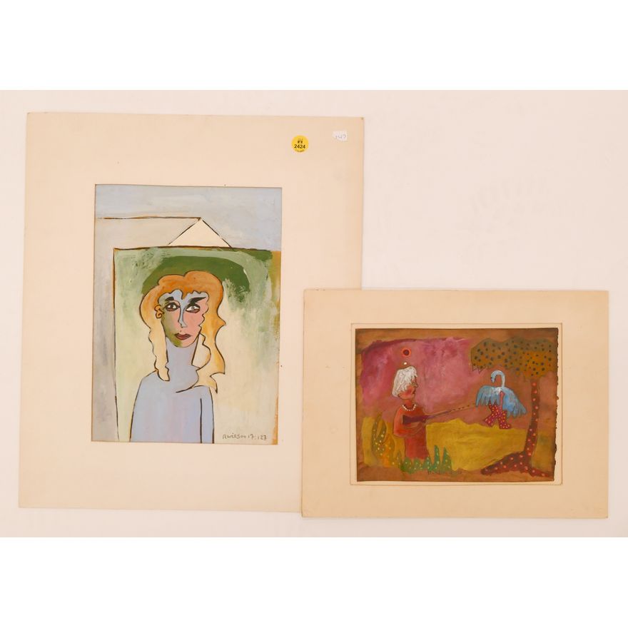 2pc Robert Wilson Abstract Gouache Unframed Paintings- largest 17x15''