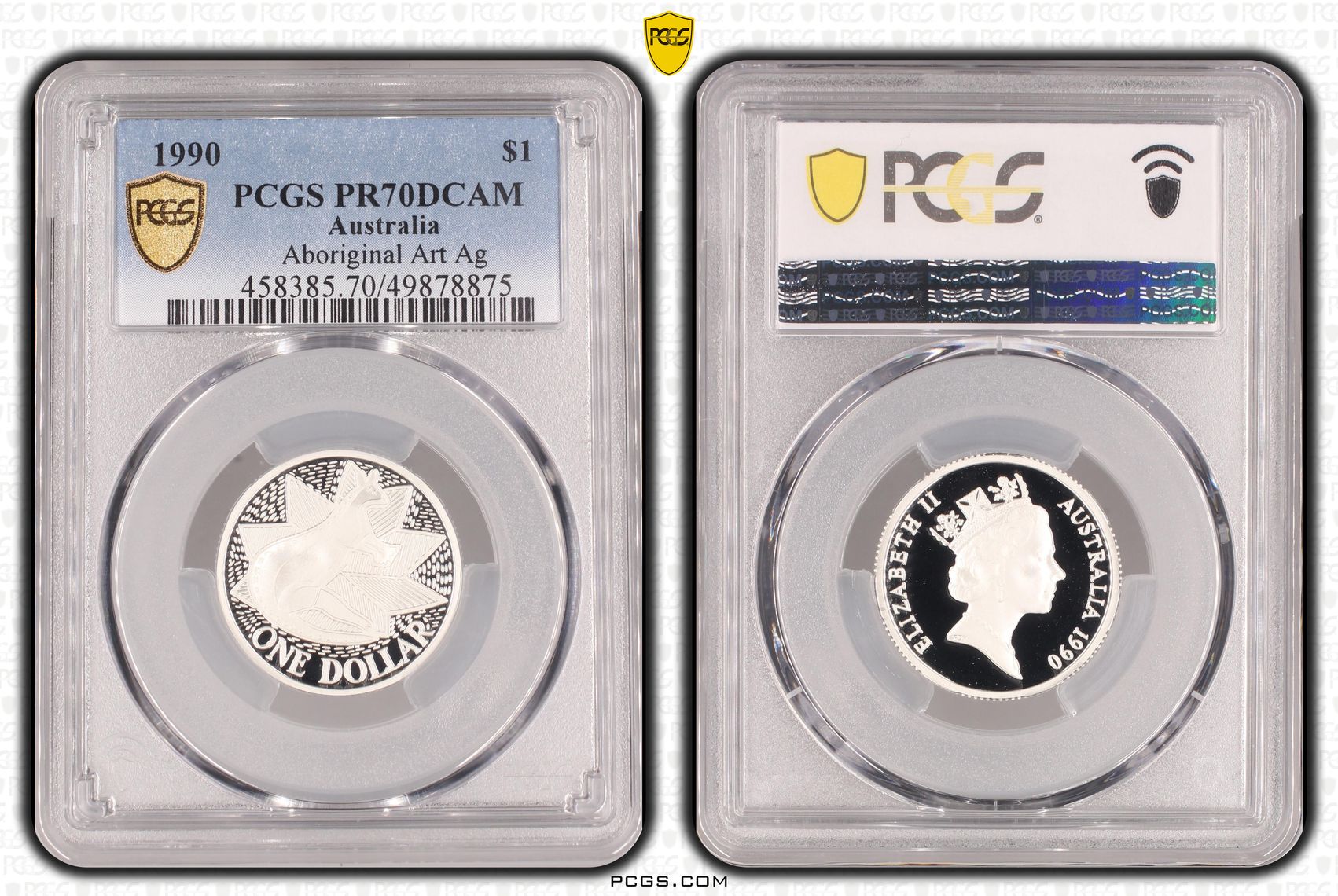 Aboriginal Art Ag - Kangaroo, One Dollar, 1990, PCGS PR70DCAM