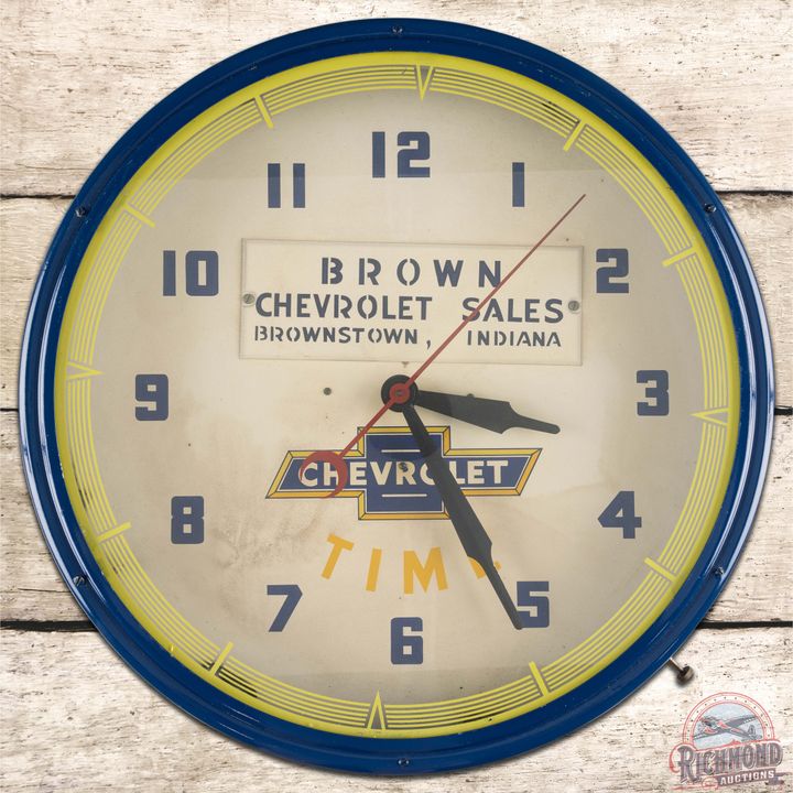 Chevrolet Time Lackner 20" Neon Advertising Clock w/ Logo Brown Sales Brownstown IN