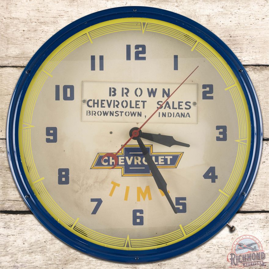 Chevrolet Time Lackner 20" Neon Advertising Clock w/ Logo Brown Sales Brownstown IN