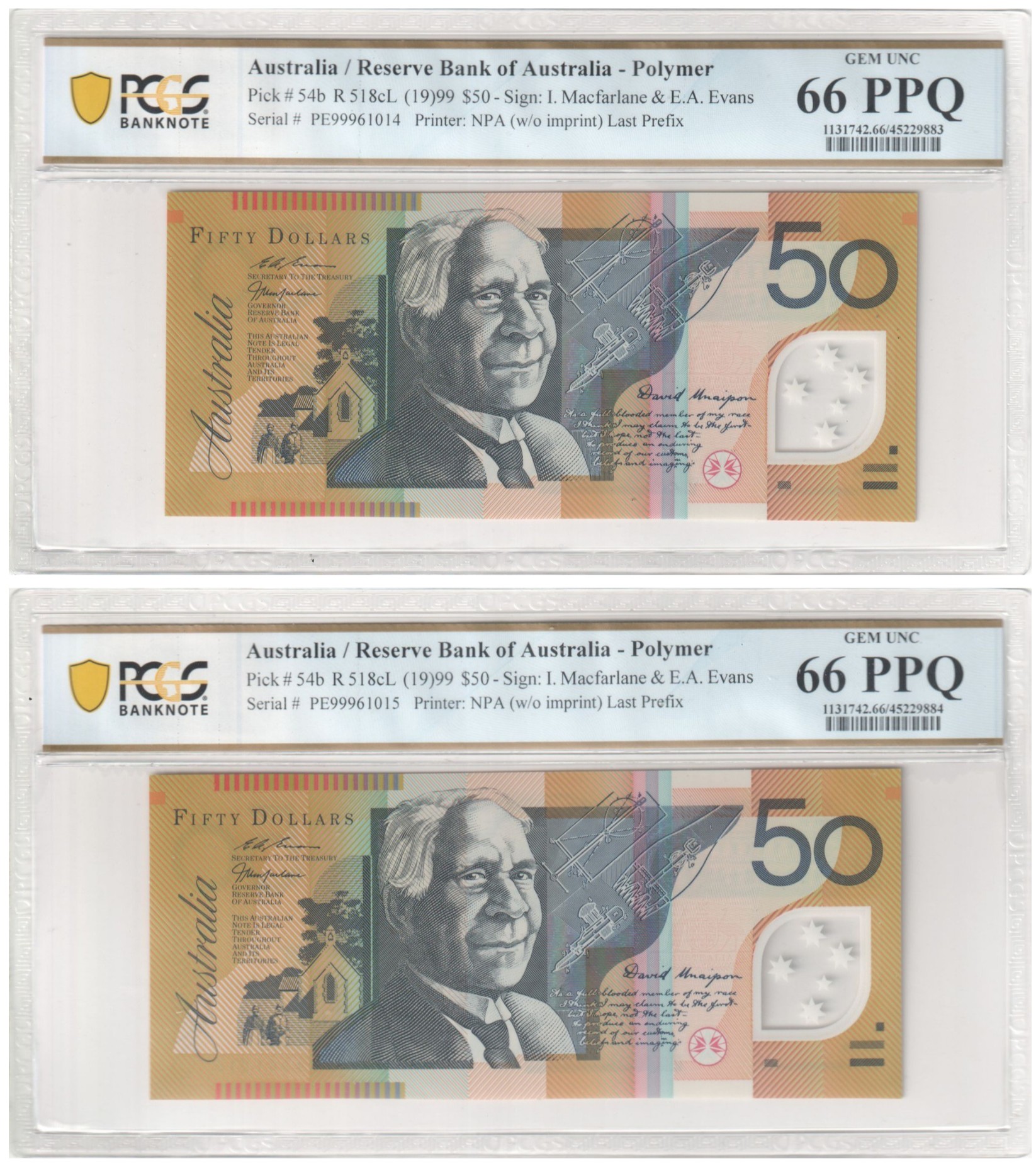 1999 $50 Macfarlane/Evans Gem Unc 66 PPQ Consecutive Pair of NPA Last Prefix Notes