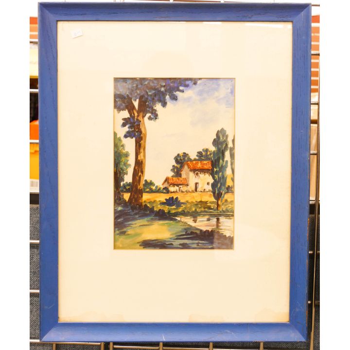 Vintage European Cottage Scene Watercolor Framed 20x15.5''