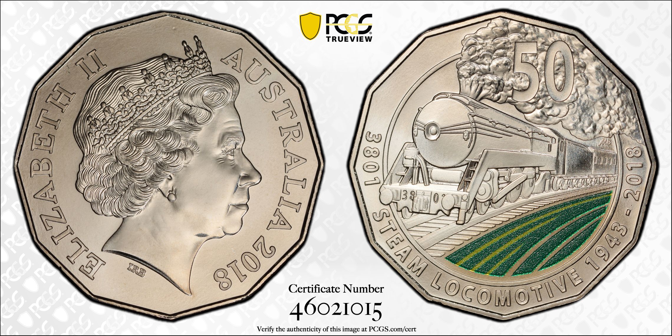 386 · 3801 Steam Locomotive, Fifty Cent, 2018, PCGS MS69
