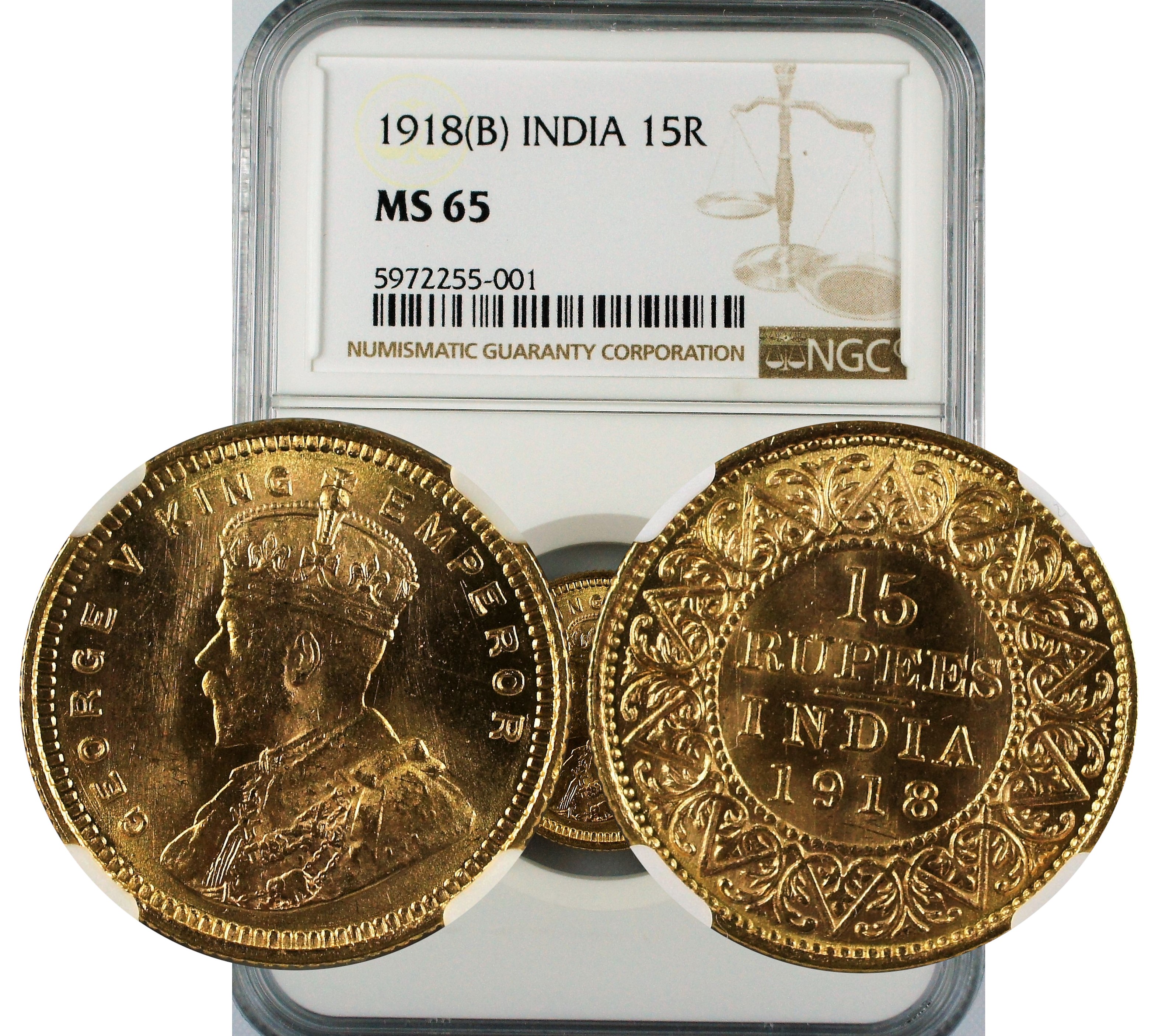 India British 1918 B Gold 15 Rupee NGC MS65