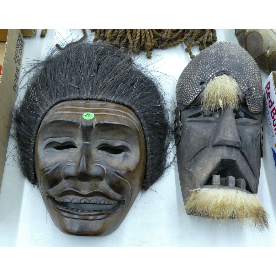 2pc Carved Wood Ethnic Masks 13'' to 15''